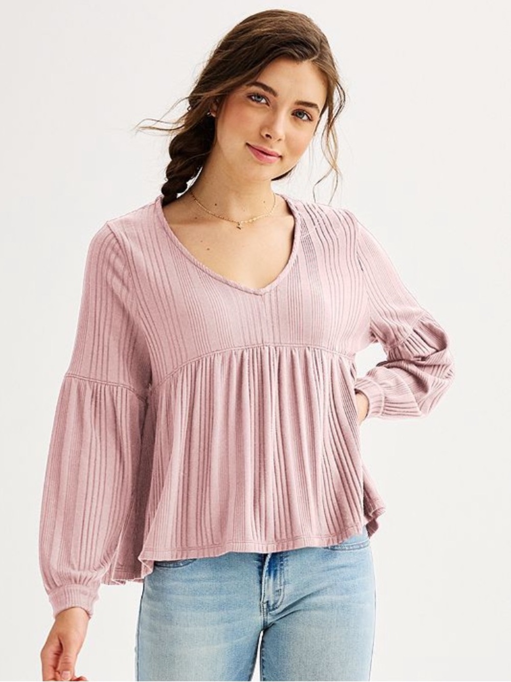 #02 SO Pink V-Neck Relaxed Long Puff Sleeve Babydoll Tee Hi-Low Top Shirt Blouse